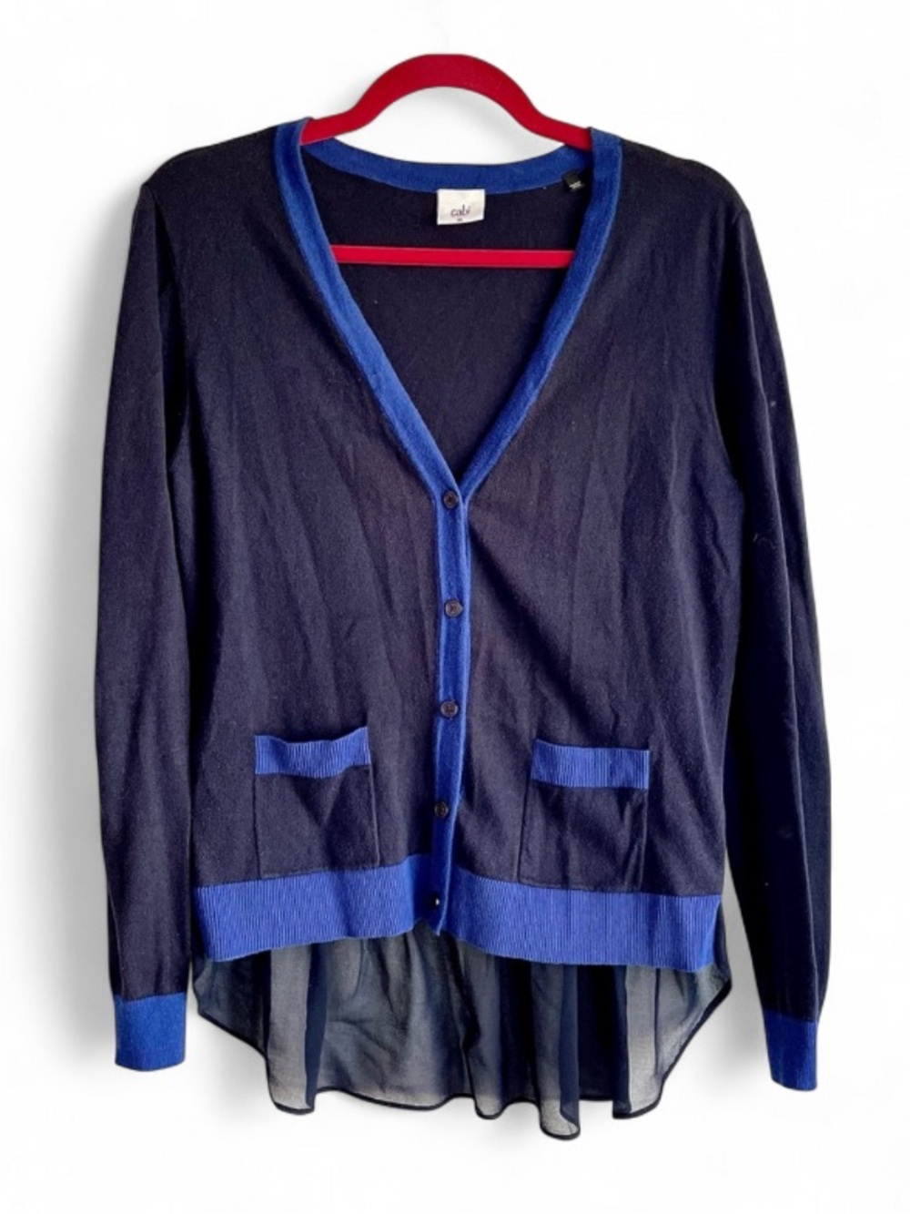 CAbi #5016 Michelle Navy Blue Cardigan Sweater with Chiffon Shirttail Size M
